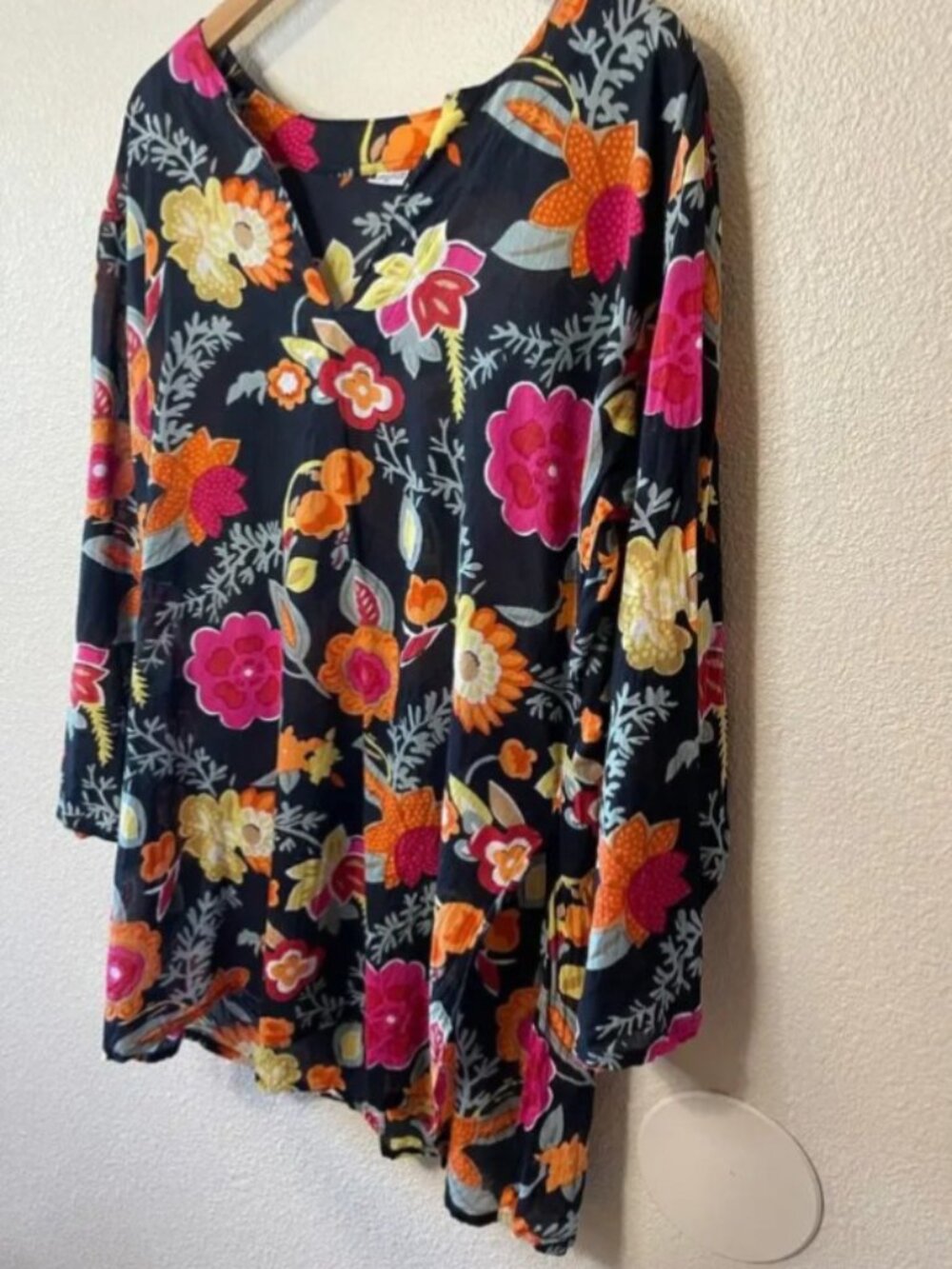 XL Boho Floral Scoop Neck 100% Cotton Tunic Cover Up - Picture 2 of 7